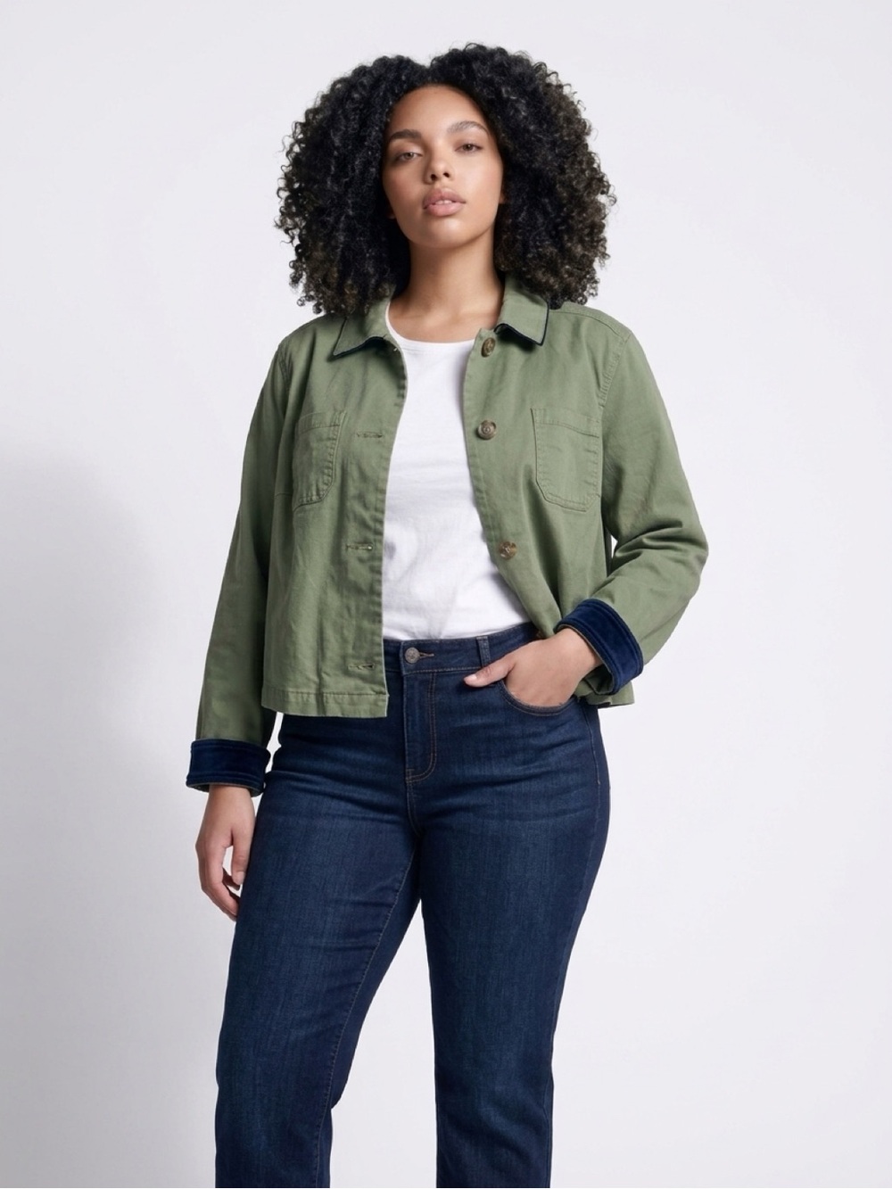 Lane Bryant Olive Utility Jacket with Navy Trim
